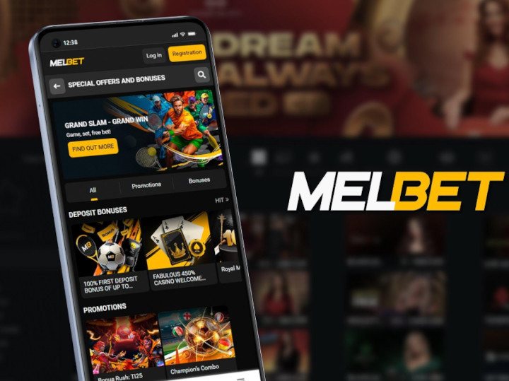 Melbet app running on the phone poster with logo